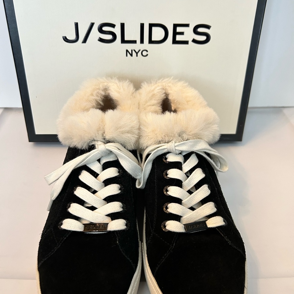 J Slides fur trimmed, black suede sneakers. Size 7.5. Comes in J Slides box.